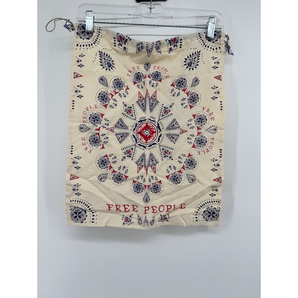 Free People Drawstring Dust Bag Cream Cotton Canvas Boho Mandala Print Pouch